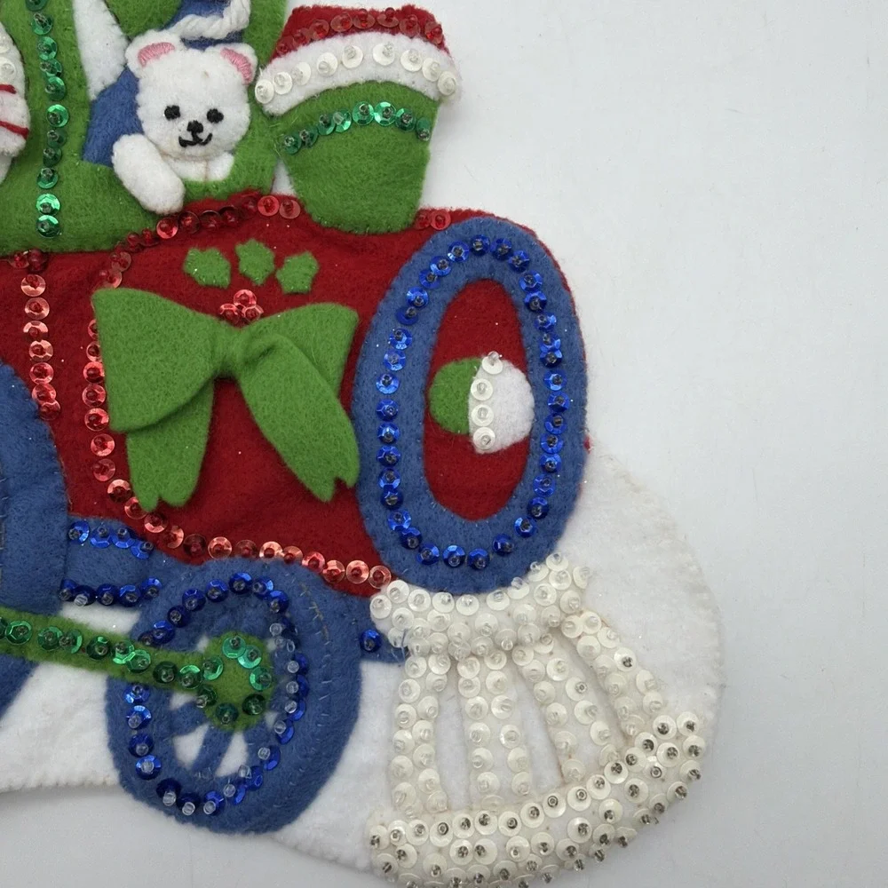Completed vintage Bucilla  Engineer Santa Felt Christmas Stocking  33096